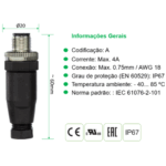 Conector Macho M12 4 pinos 250V 4A Reto Pepperl Fuchs V1S-G-BK - Imagem 2